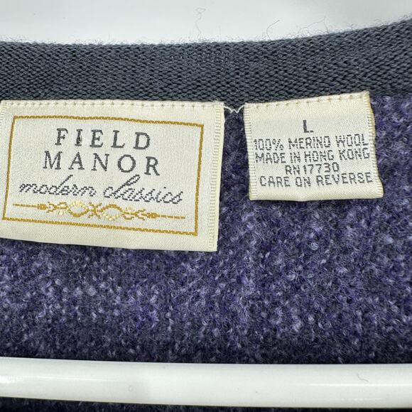 Field Manor Sweater Womens Large Purple Gray Plaid Merino Wool Button Cardigan - Picture 6 of 9